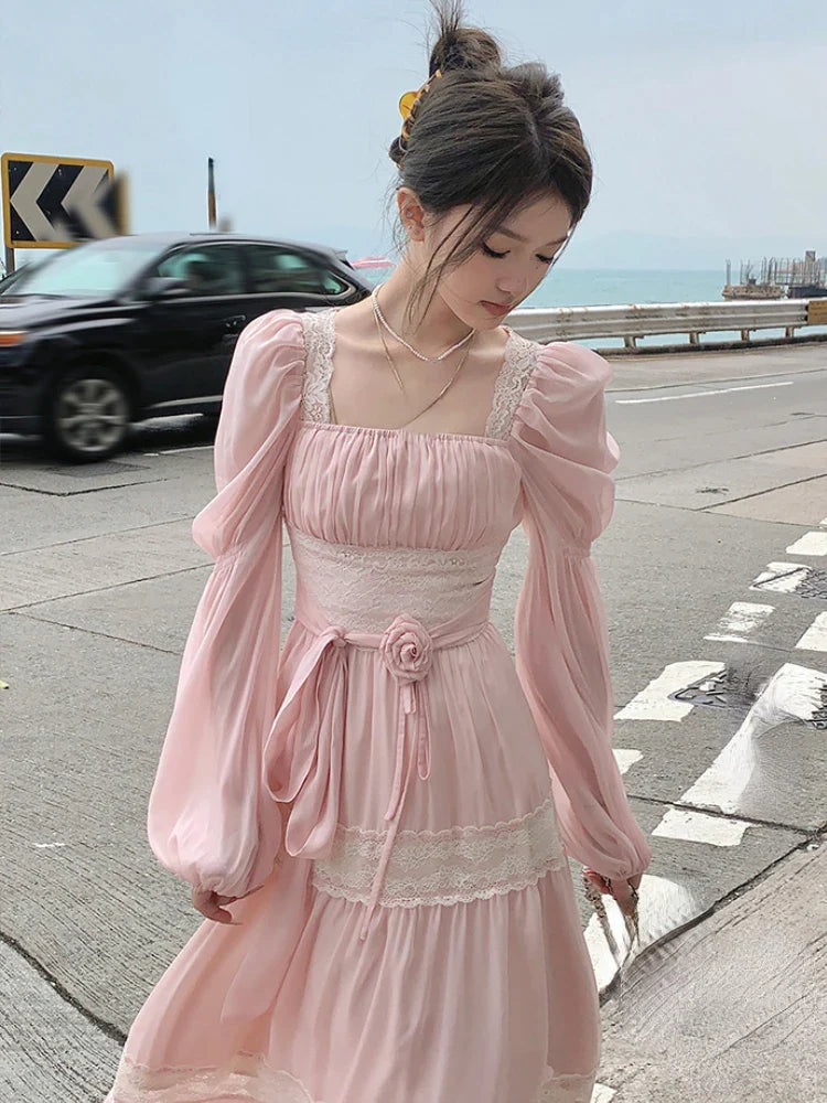 MQTIME - 2024 Summer Woman French Elegant Lace Midi Dress Party Long Sleeve Korean Fashion Dress Beach Chiffon Fairy Slim Dress Chic