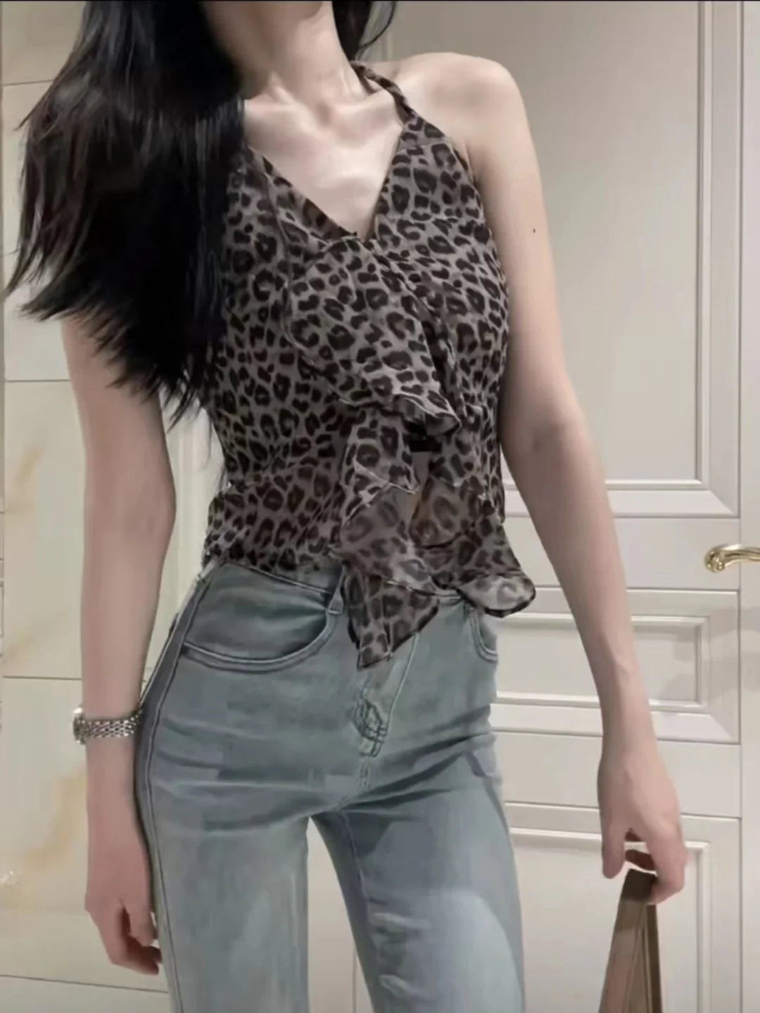 nvxiot - Spring Tank Top for Girls, Pure Desire, Spicy Girl, Leopard Pattern, Hanging Neck, Strap Tank Top, Design Sense, Small Top, New