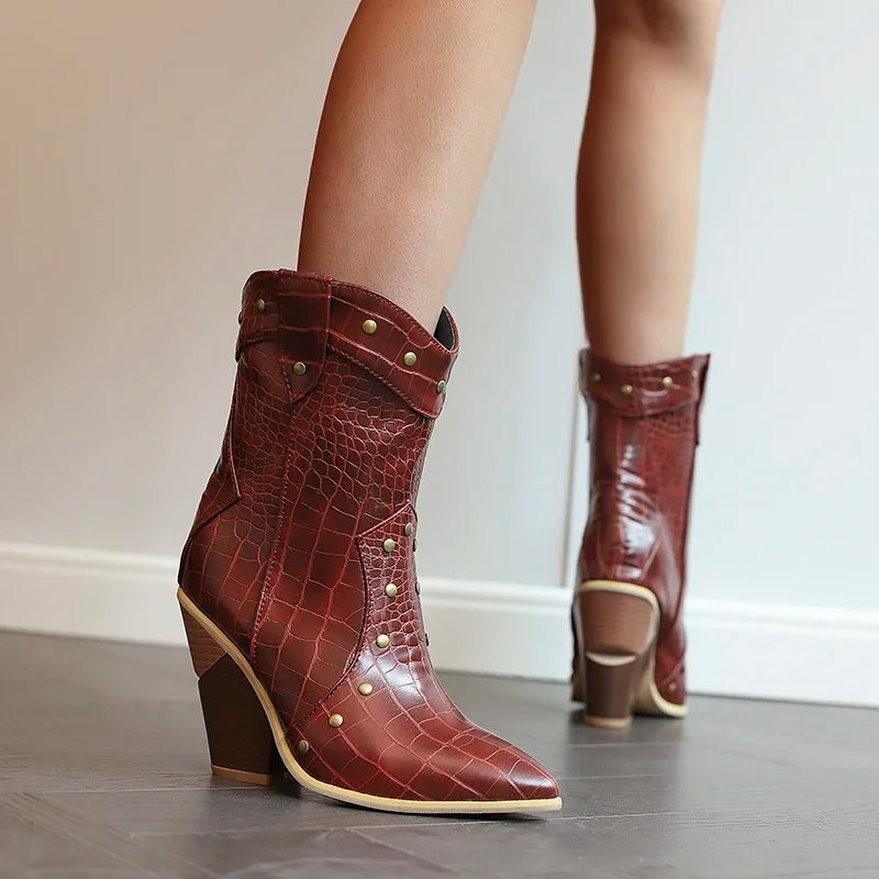 MQTIME - 2024 new autumn winter women ankle boots plus size 22-28cm pu upper pointed toe metal rivet high heel western boots