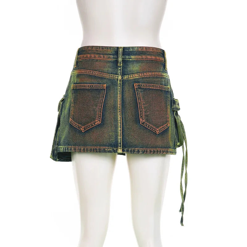 nvxiot - Vintage Tie Dye Print Cargo Mini Denim Skirts Women Fashion Multi Pocket Mid Waist Button Fly Casual Jeans Bottom Y2K Streetwear