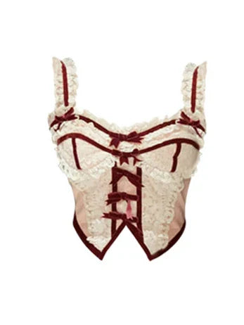 MQTIME - White Lace Patchwork Pink Tank Tops Sexy Sweet Bow Y2k Crop Top for Women Kawaii Lolita Cutecore Camis Korea Clothing