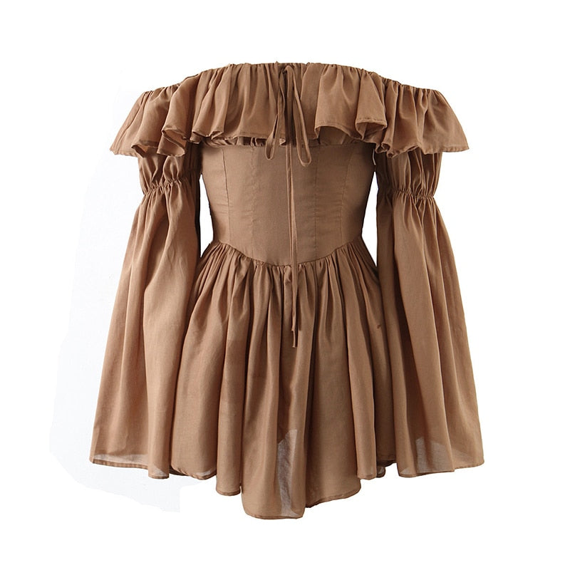 nvxiot Elegant Dresses Female Slash Neck Lace Up Flare Sleeve Patchwork Ruffle Casual Dress for Women Fashion Summer New