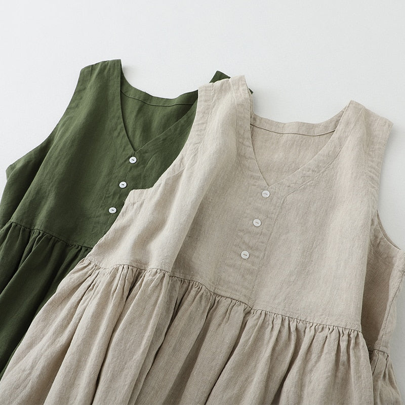 nvxiot V-Neck Vest Dress Japanese Style Loose Solid Cotton Linen Summer Dresses Sleeveless Women A-Line Vestidos Button U225