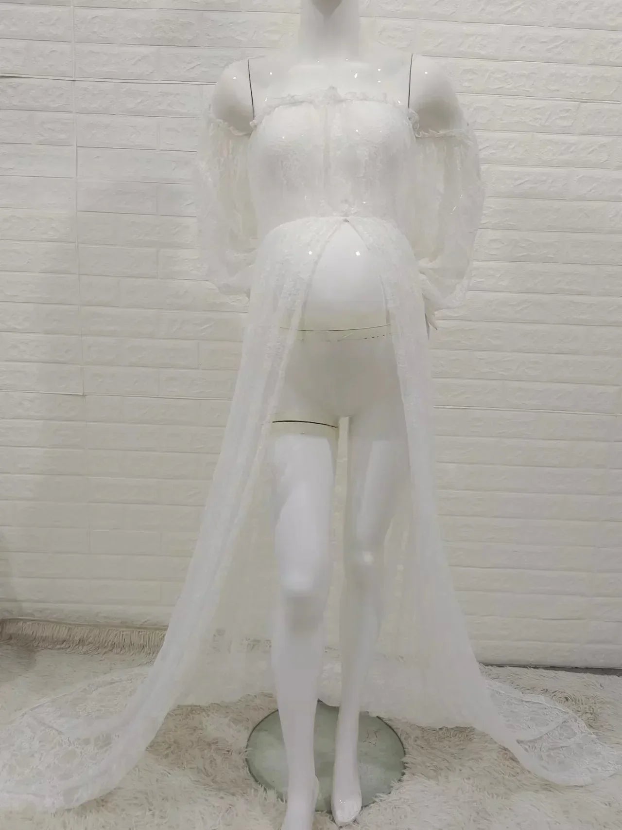 nvxiot - Maternity Photography Maxi Dress For Photo Shooting Slit Open Slash Neck Flower Lace Pregnancy Photo Shoot Long Lace Dress