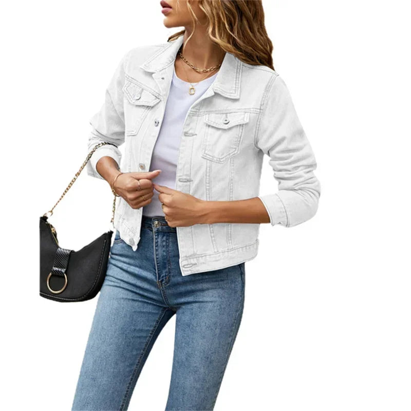 MQTIME - 2024 New Women Short Denim Jackets Fashion Female Casual Long Sleeve Lapel Solid Button Pocket Slim Jean Jacket Fall Winter Coat