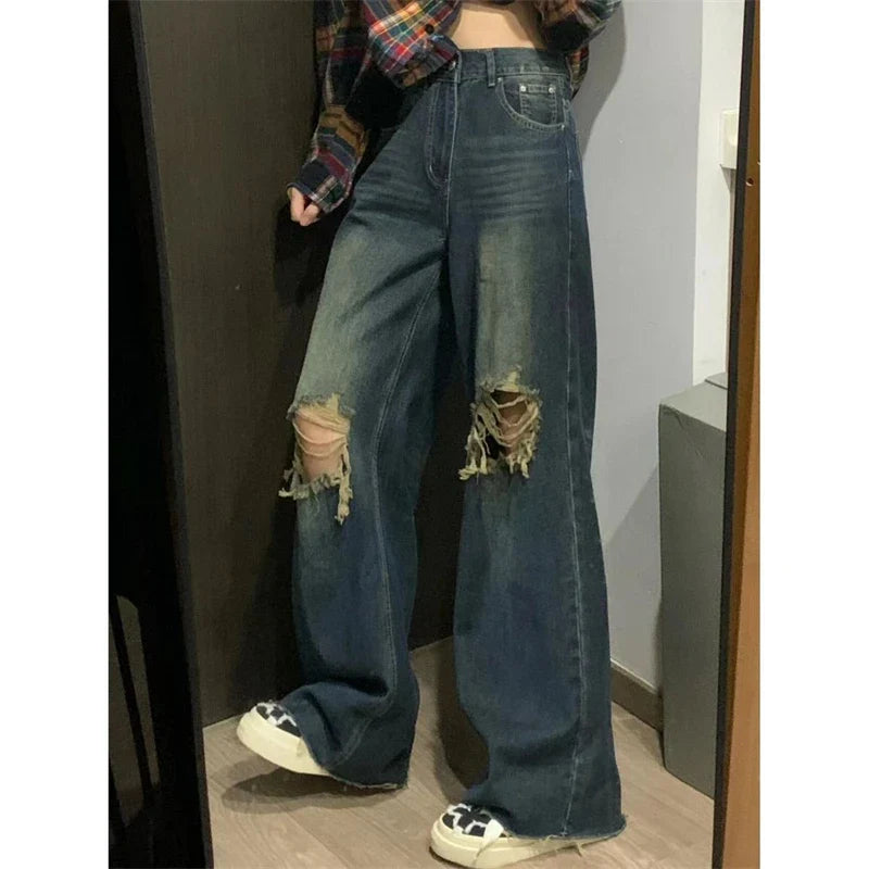 MQTIME - Women'sLarge Distressed Design Casual Jeans Cool Girl Vintage Summer Trousers American Street Style Bottoms Female Straight Pant