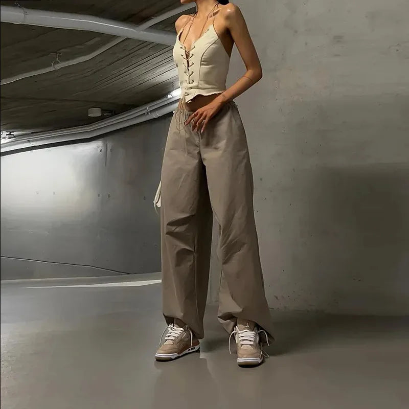nvxiot Retro low waist drawstring casual pants women's summer bundle feet loose straight pendant pants everything with wide leg pants