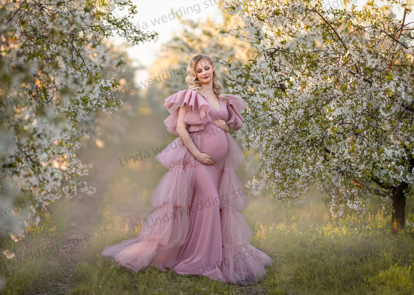 nvxiot - V Neck Maternity Gowns for Photo Shoot Dusty Pink Sleeveless Gala Robes Tiered Ruched Babyshower Gowns for Women Dressing