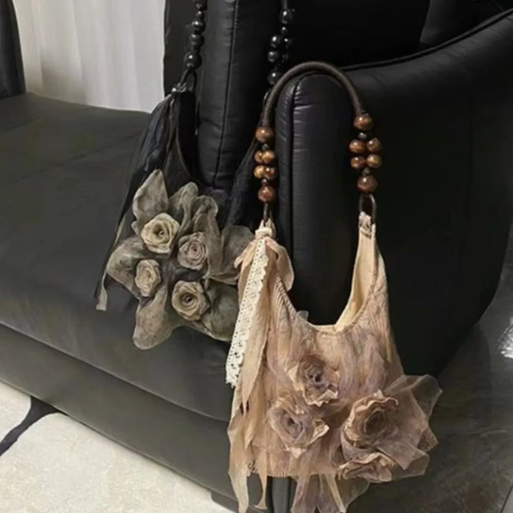 nvxiot - Fairy Core Rose Handbag Women Vintage Chinese Style Folds Chic Black Shoulder Bags Ladies Retro Sweet Cool Y2k Purses