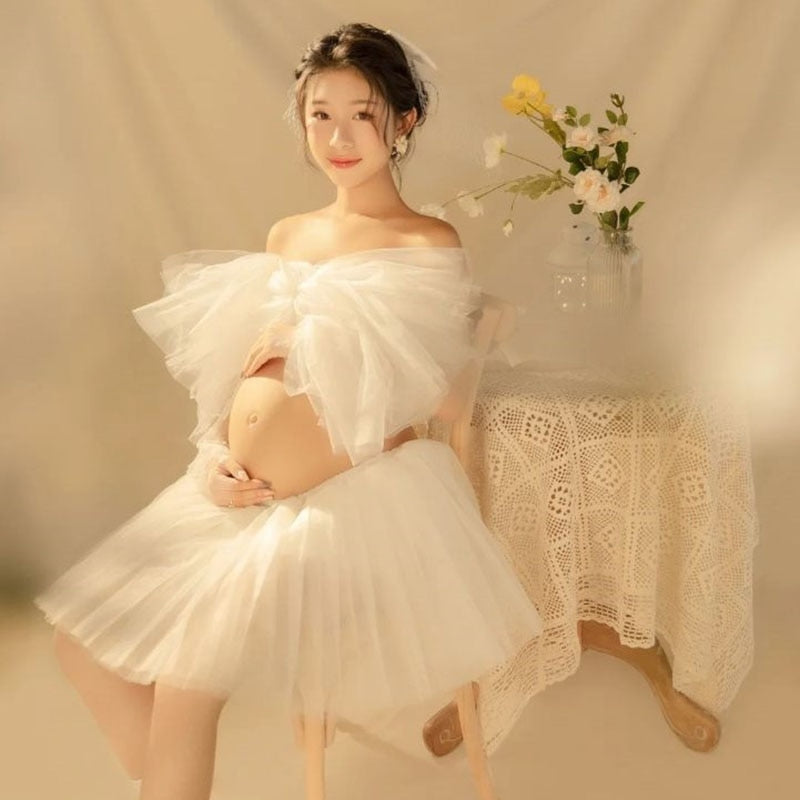 nvxiot Maternity Dress Set for Photo Shoot Summer Sexy Shoulderless White Tulle Top+ Skirt 2 Pieces Set for Pregnant Women Photography