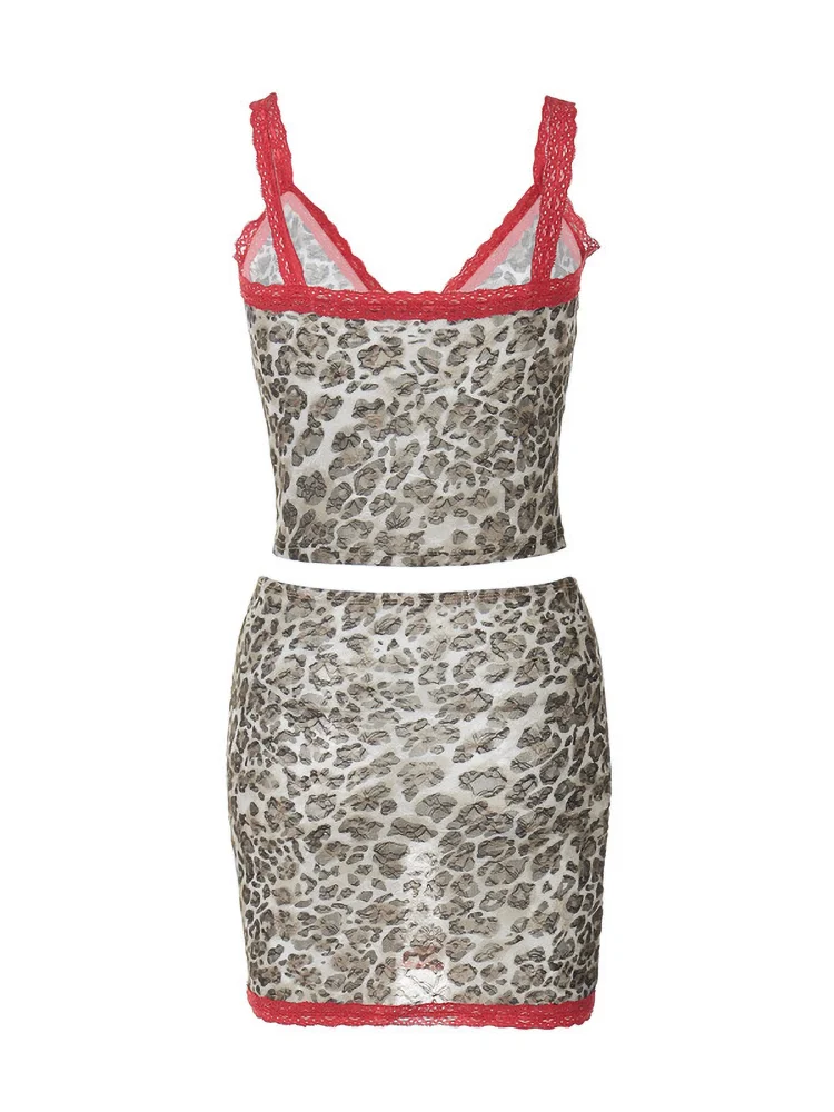 MQTIME - Leopard Lace Spliced Mini Skirt Set Women V-Neck Tank Top Crop Slim Short Skirt Suit Hottie Y2K Outfit Streetwear 2024