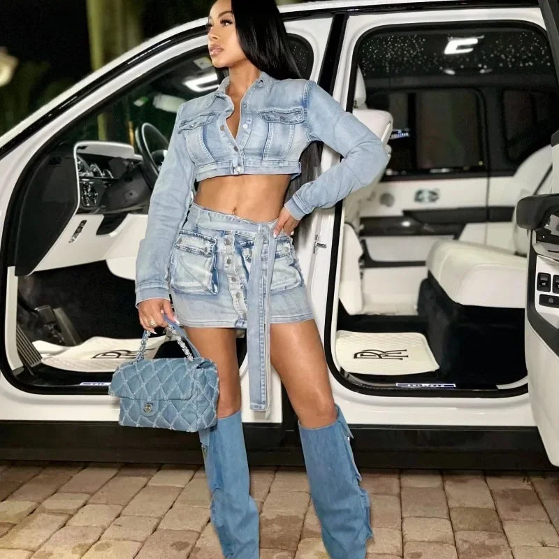 nvxiot - Women Jeans Cargo Two Piece Set Turn Down Collar Long Sleeve Single Breasted Crop Jackets Top Pockets Belt Mini Skirts Suits