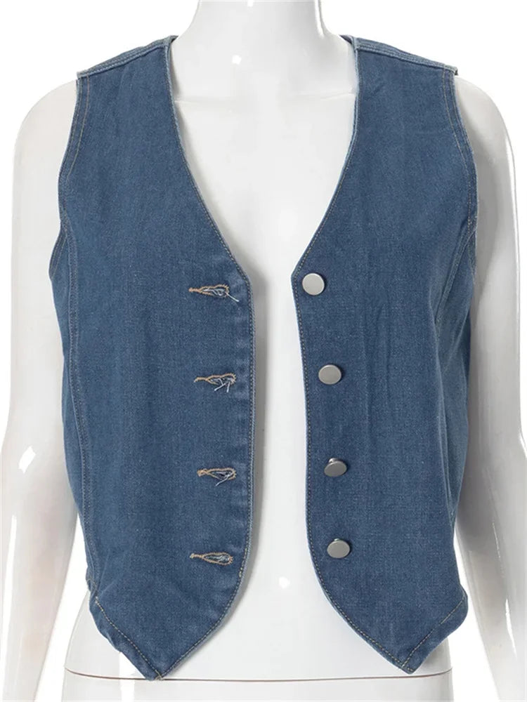nvxiot - Denim V-Neck Vestidos Outwear Female Sleeveless Casual High Waist Jean Streetwear Patchwork Cardigan Y2k Top Women's Vests