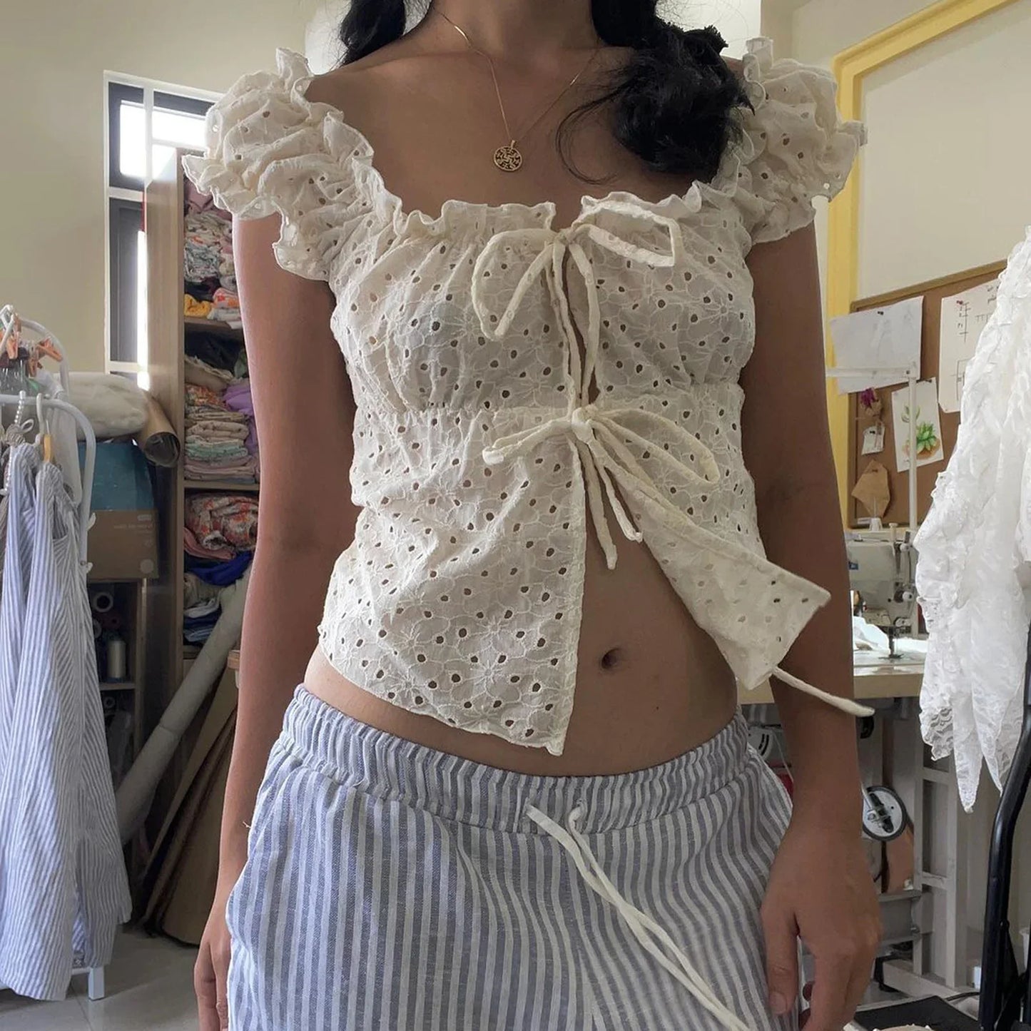 nvxiot - Sweet Cute Hollow Out T Shirt French Style Slim Square Collar Short Sleeve Tees Women 2024 Summer Fashion Streetwear