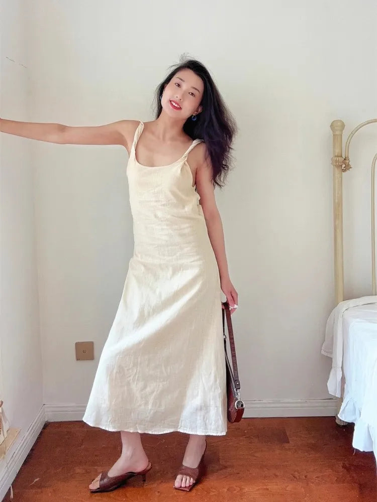 nvxiot - Open Back Cotton And Linen Dress For Women, Elegant And Fashionable Summer, Twisted Shoulder Straps, Vacation Strap Long Dress