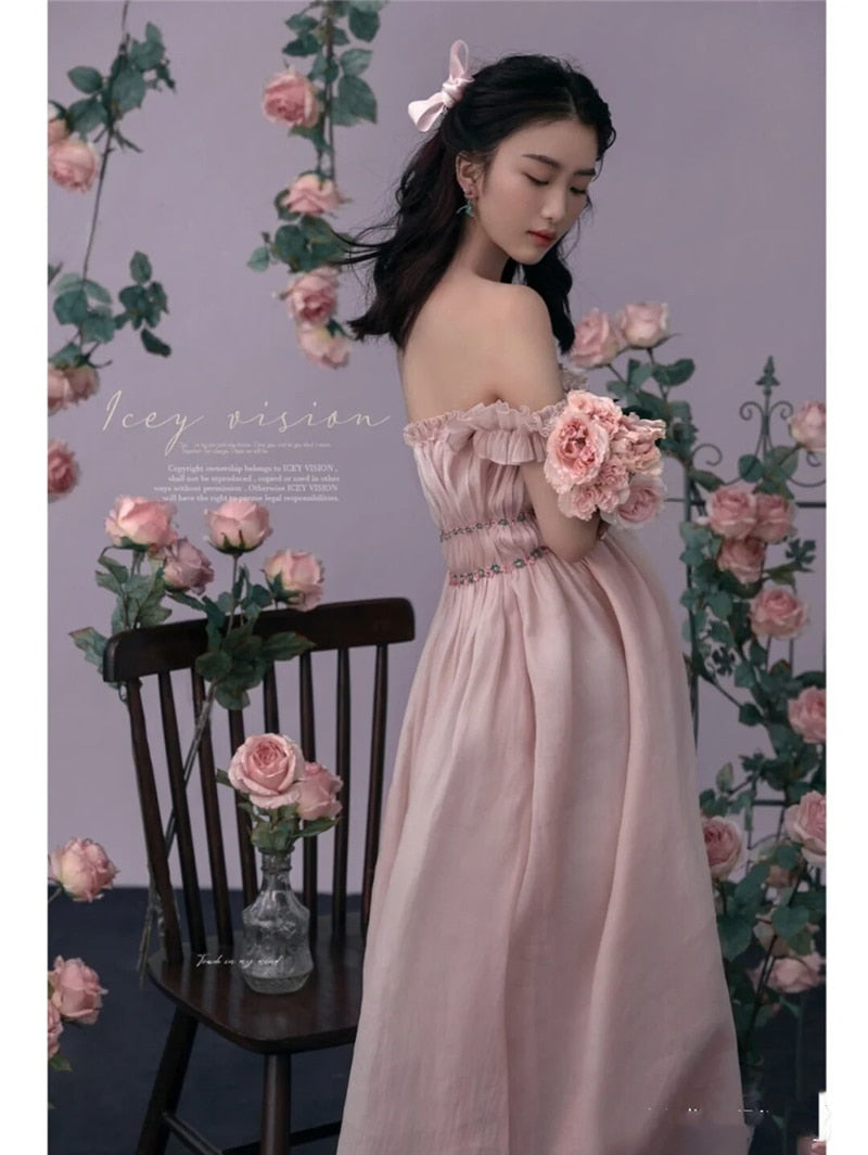 nvxiot Women Photography Props Maternity Dresses V-neck Pregnancy Pink Sweet Pregant Dress Studio Photoshoot Photo Clothes