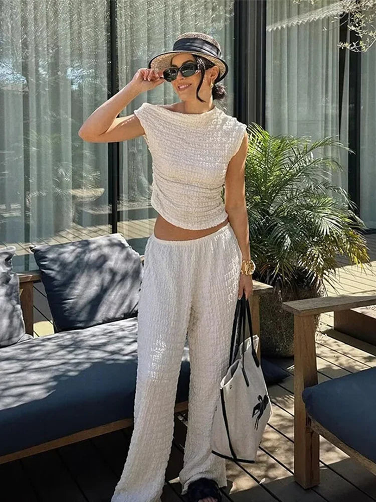 nvxiot - Off Shoulder Pant Suit Women Fold Sleeveless Top Wide Leg Pants Female Set 2024 Summer Fashion Solid Street 2 Pieces Sets