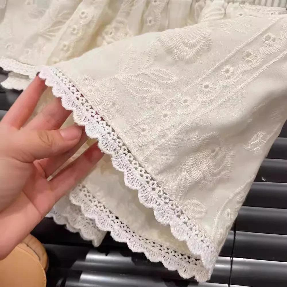 MQTIME - Summer Korean 2-8 Year Girl 2PCS Clothes Set Solid Hollow Jacquared Camisole Suit Lace Hem Elastic Waist Shorts Baby Girl Outfit