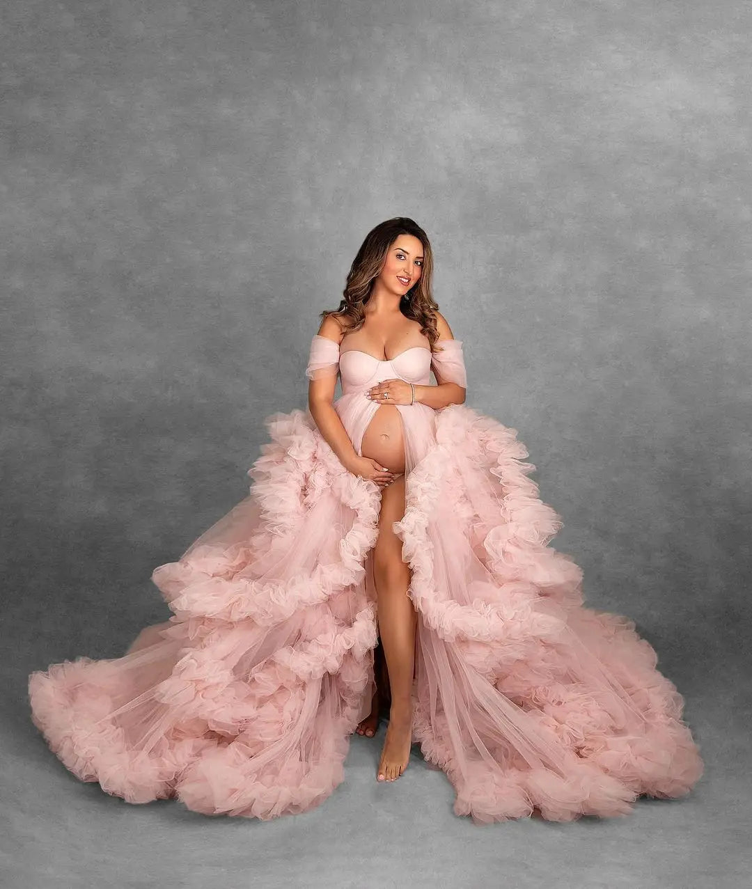 nvxiot - Light Pink Ruffled Tulle Maternity Dress vestidos de fotografía Ball Gown Puffy Robes Maternity Photography Dresses Custom Made