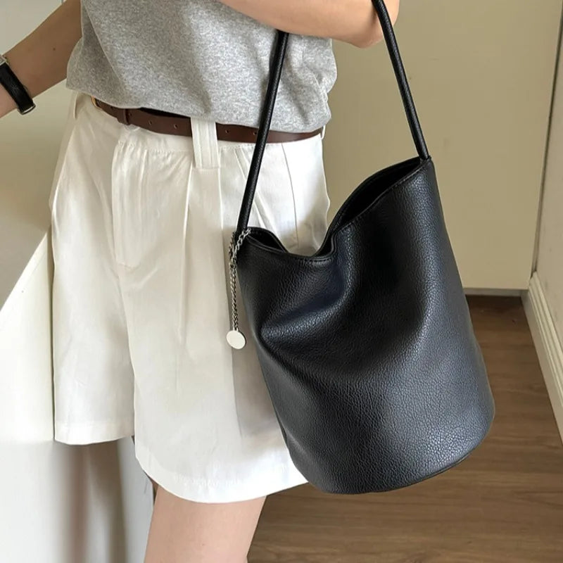 nvxiot - Fashion Shoulder Bag for Women Simple Black Casual Pu Leather Bucket Bag Elegant Korean Style Exquisite New Ladies Handbag