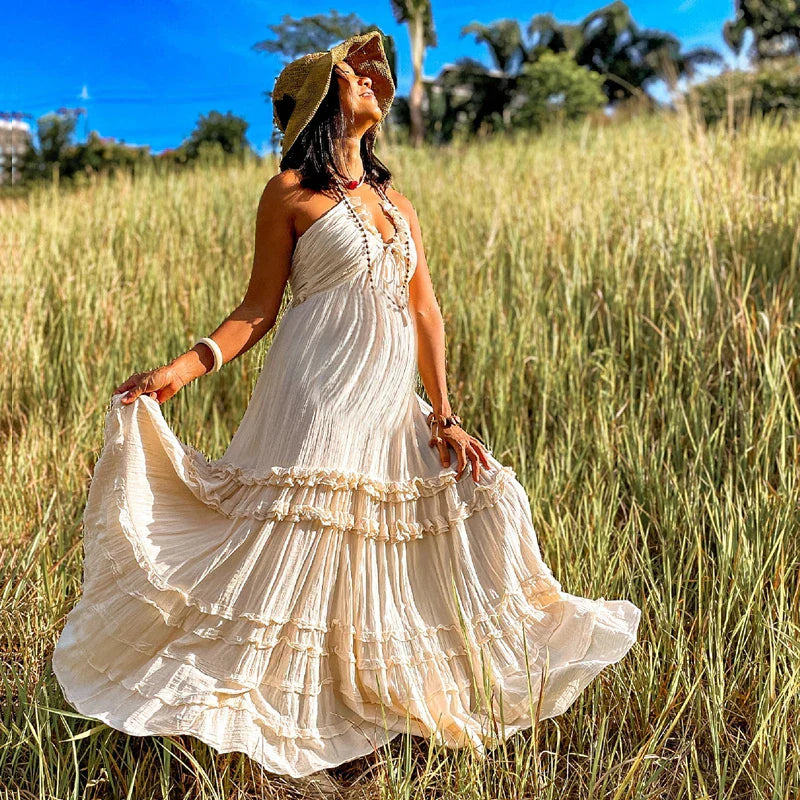 nvxiot - Maternity Photoshoot Dress Bohemian Maternity Dress for Summer Photoshoots - Linen V-Neck Casual Style