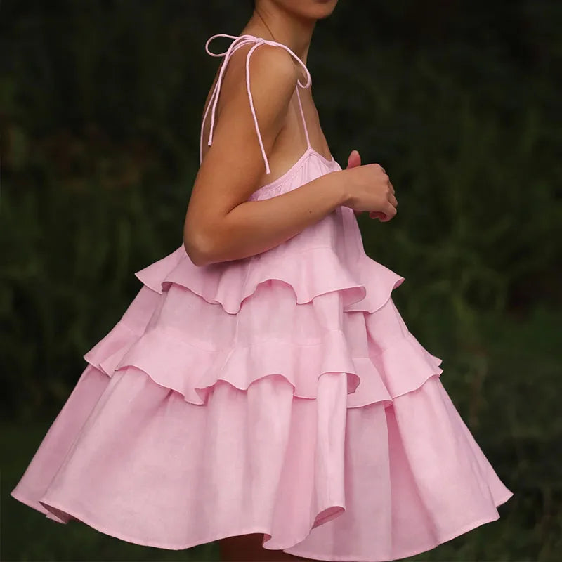 MQTIME - Summer Solid Color High Waist Mini Dress Fashion Casual Slash Neck Ruffles Sling Dress Female Cotton Backless Layered Cake Dress