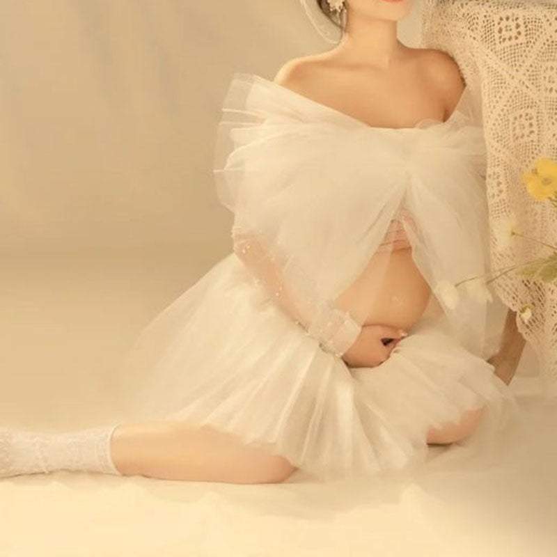 nvxiot Maternity Dress Set for Photo Shoot Summer Sexy Shoulderless White Tulle Top+ Skirt 2 Pieces Set for Pregnant Women Photography