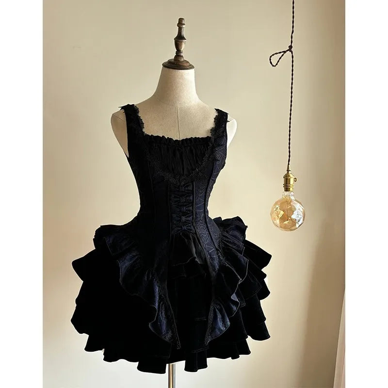 MQTIME - Retro Hepburn Wind Black Sling Fishbone Waist Trimming Ruffles Dress