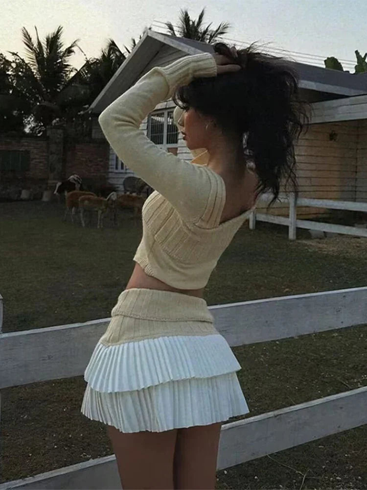 nvxiot - Sexy Knitted Double Layered Pleated Mini Skirt Women Elegant Sweet High Waist Cake Short Skirts Fluffy Autumn Street Party