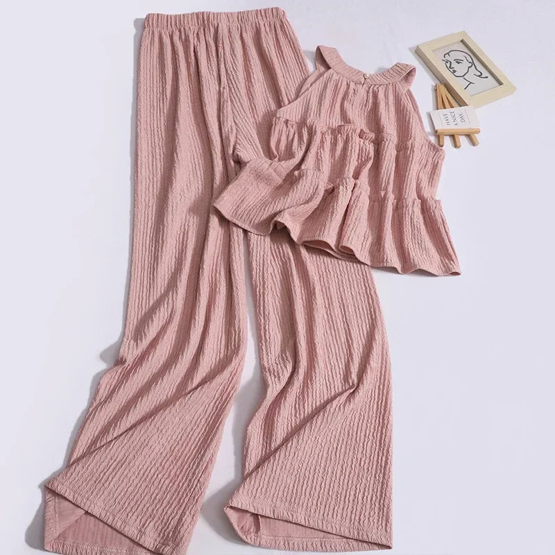 nvxiot - Summer New Sweet Ruffles O Neck Sleeveless Tops High Waist Loose Casual Straight Pants Fashion Two-piece Set for Women Outfits