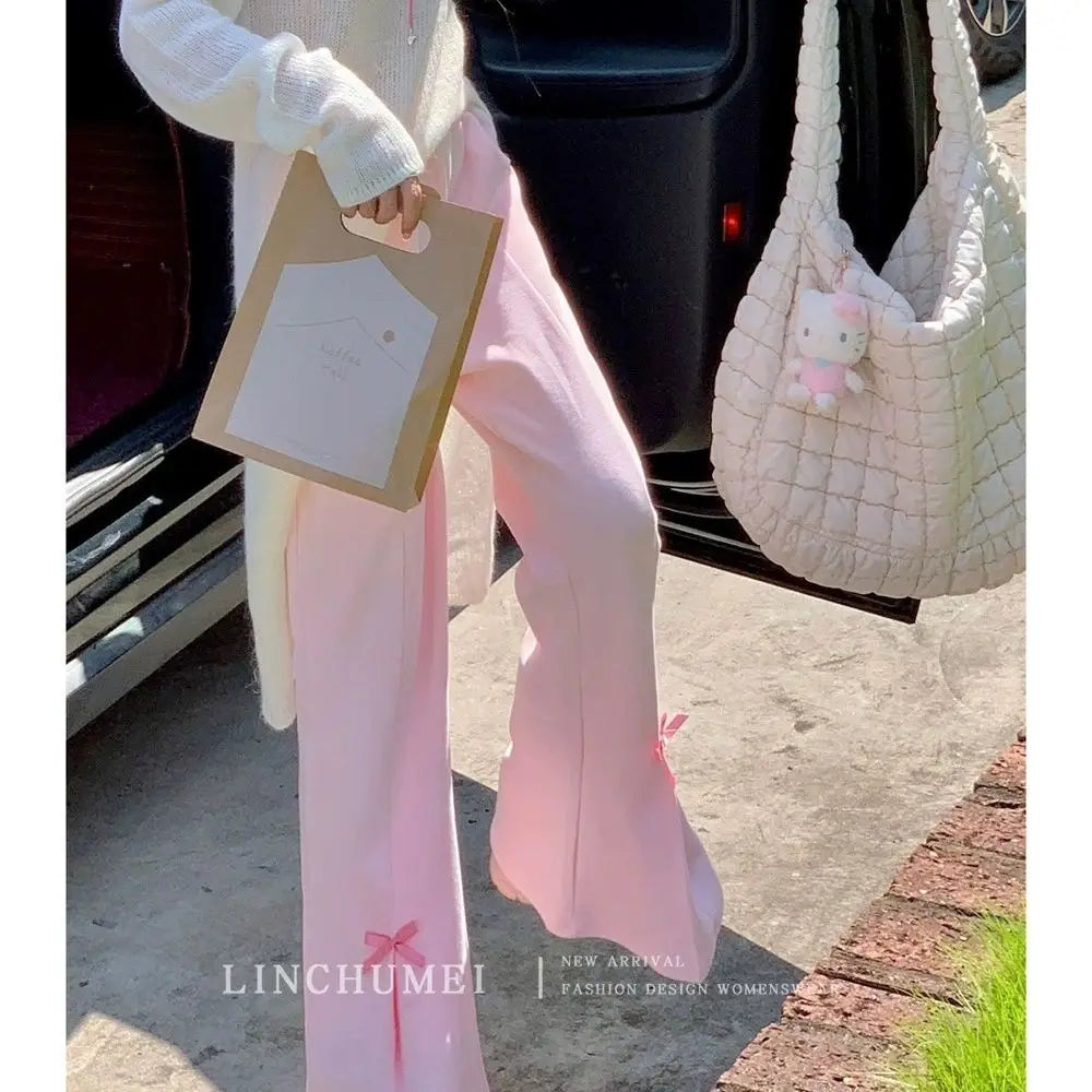MQTIME - Elastic Waistband Straight Cute Cotton Pink Pant with Bow Trouser #y2k e-girl fairycore 2000s aesthetic korean clothing summer