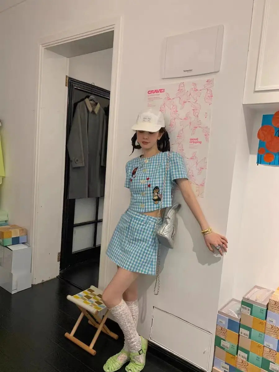 MQTIME - Summer Sweet Skirts Set Blue and White Plaid Embroidered Short Sleeve Top High Waist Short Skirt Two Piece Set Women Outfits