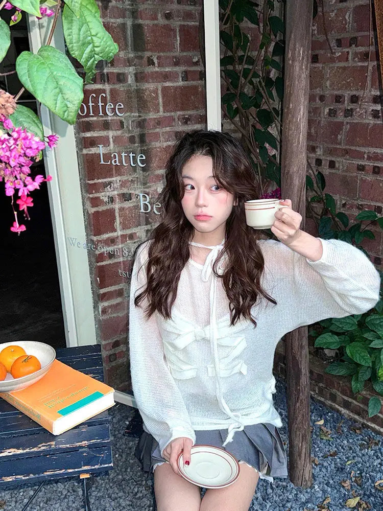 MQTIME - White Bow Slightly Transparent Knitted Long sleeved Cover up T-shirt Women Inner Wear with Straps Camisole Two Piece Set Fashion