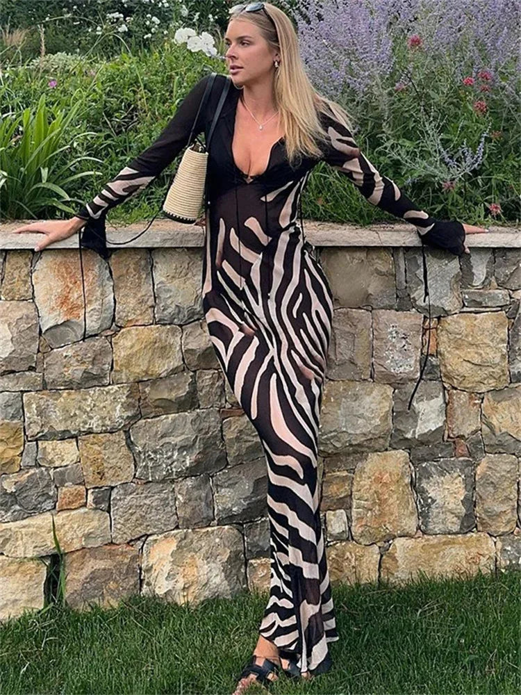 nvxiot - Fall Outfits 2024 Striped Printed Mesh Long Dress For Women See-Through V-Neck Patchwork Contrast High Waist Dress Female Lace-Up Maxi Dress