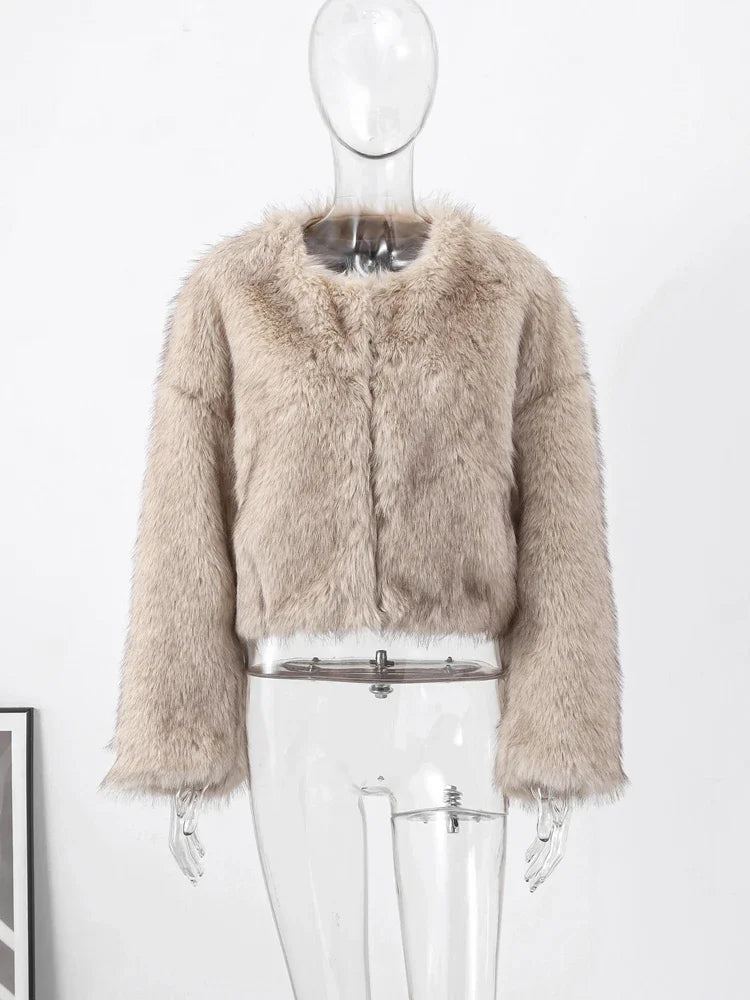 MQTIME - Fashion Faux Fur Jacket Coat Women Warm Fluffy Loose Long Sleeve V-neck Female Cardigan Winter Solid Lady Street Outwear