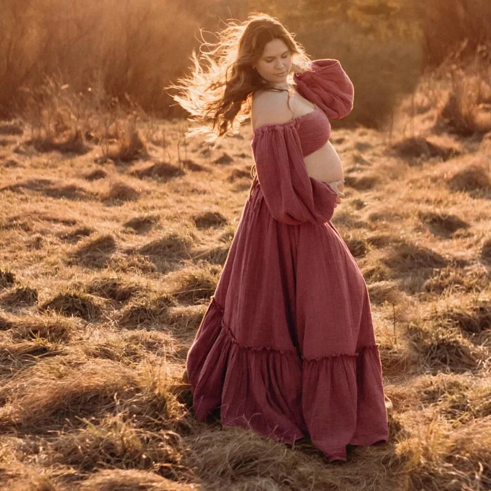 nvxiot - Maternity Dresses For Baby Showers Two Piece Set Long Sleeved Of Linen Cotton Boho Style Dress Photo Shooting Pregnancy Dress