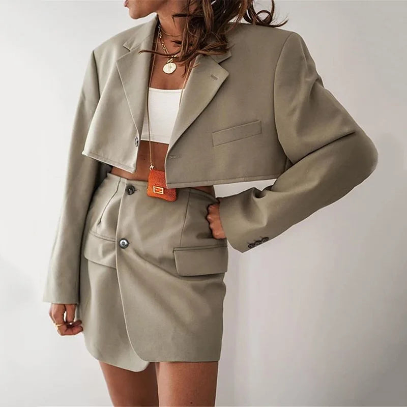 MQTIME - New Fashion Women Elegant Cottagecore Blazers Solid Colors Single Button Long Sleeve Short Blazers Sexy Mini Skirts Indie
