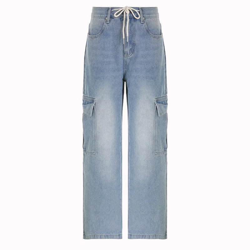 nvxiot American lace-up low waist cargo jeans women's wash blue loose draping mopping pants large pocket denim cargo pants summer thin