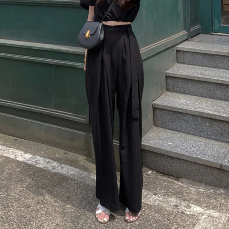 nvxiot - Fashion Women Wide Leg Pants Korea Chic High Waist Loose Mopping Suit Pants Elegant Lady Pleated Belt Strap Black Loose Trousers