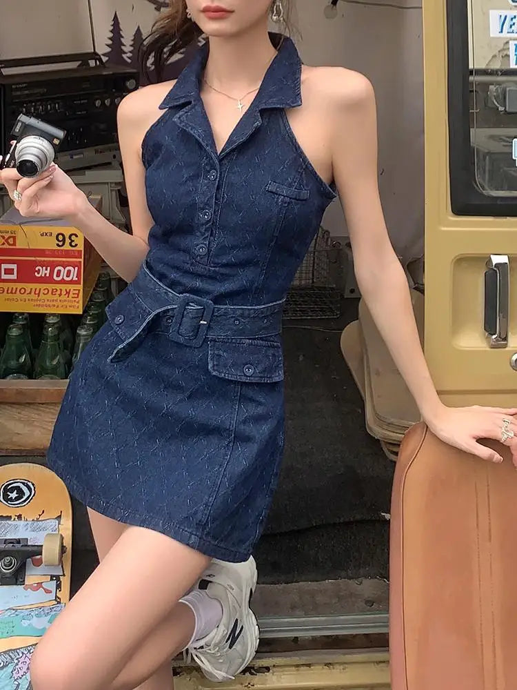 nvxiot - Summer Retro Blue Turn-down Collar Off Shoulder Button Denim Mini Dress Women Sleeveless High Waist A-line Jeans Short Dress New