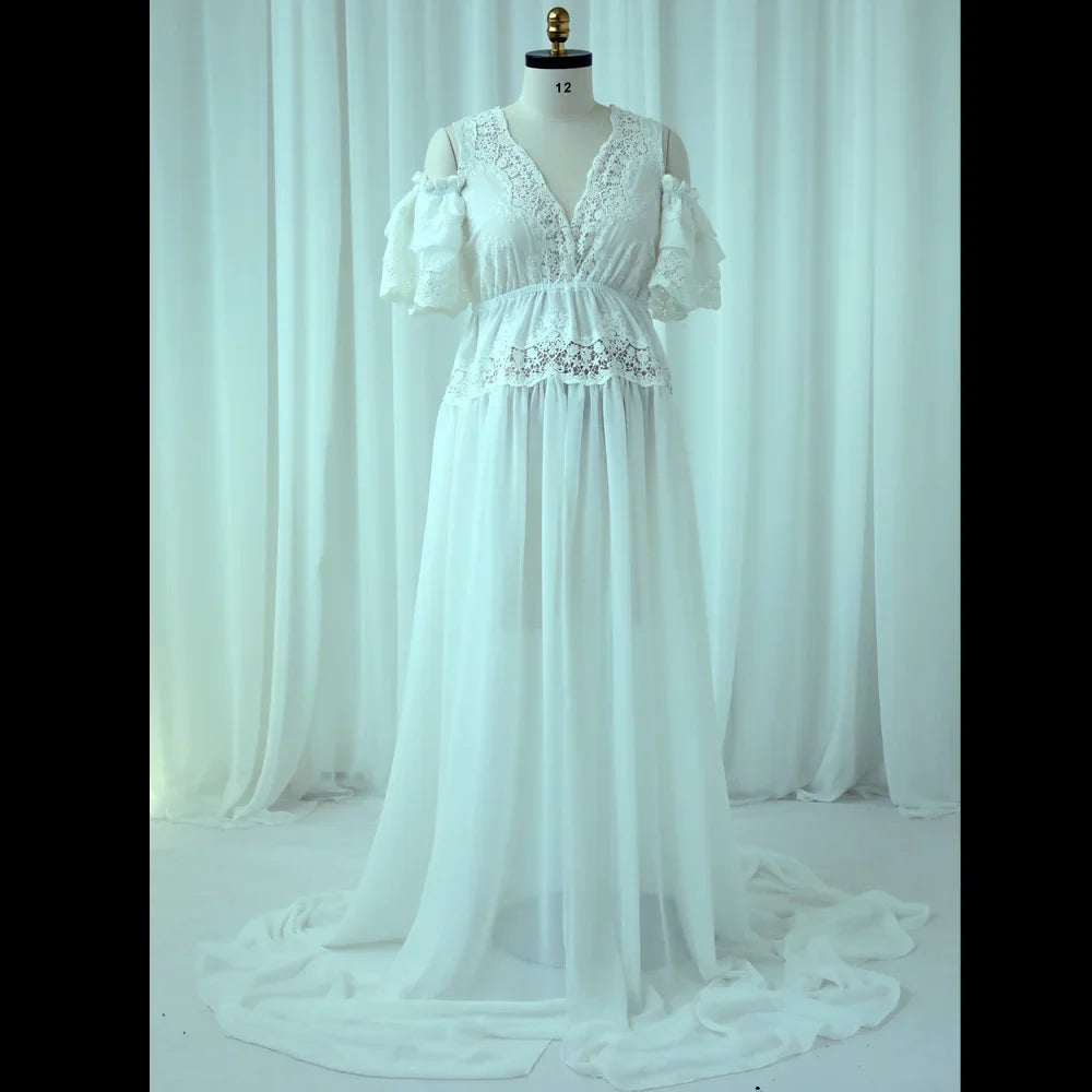 nvxiot - Maternity Photography Props Dress V-neck Embroidered Cotton Lace&Chiffon Dress Photo Shoot Photography Dress For Women