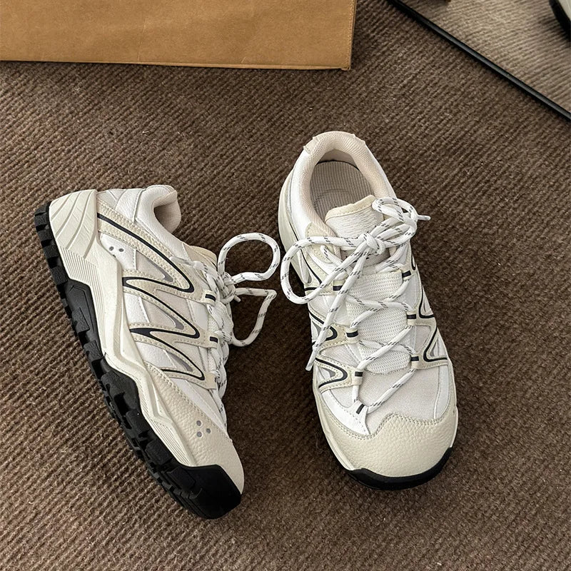 MQTIME - Female Spring Autumn Grey Thick Sole Dad Shoes Round Toe Versatile Student Sports Shoes Lace Up Casual Plush Winter Boot