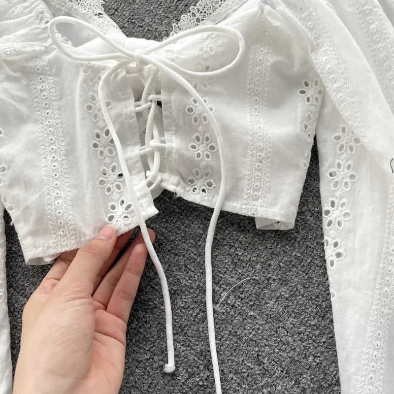 nvxiot - Summer Boho Style Women Shirts Retro Square Collar Long Sleeve Loose White Crop Top Lantern Sleeves Crocheted Hollow Blouse
