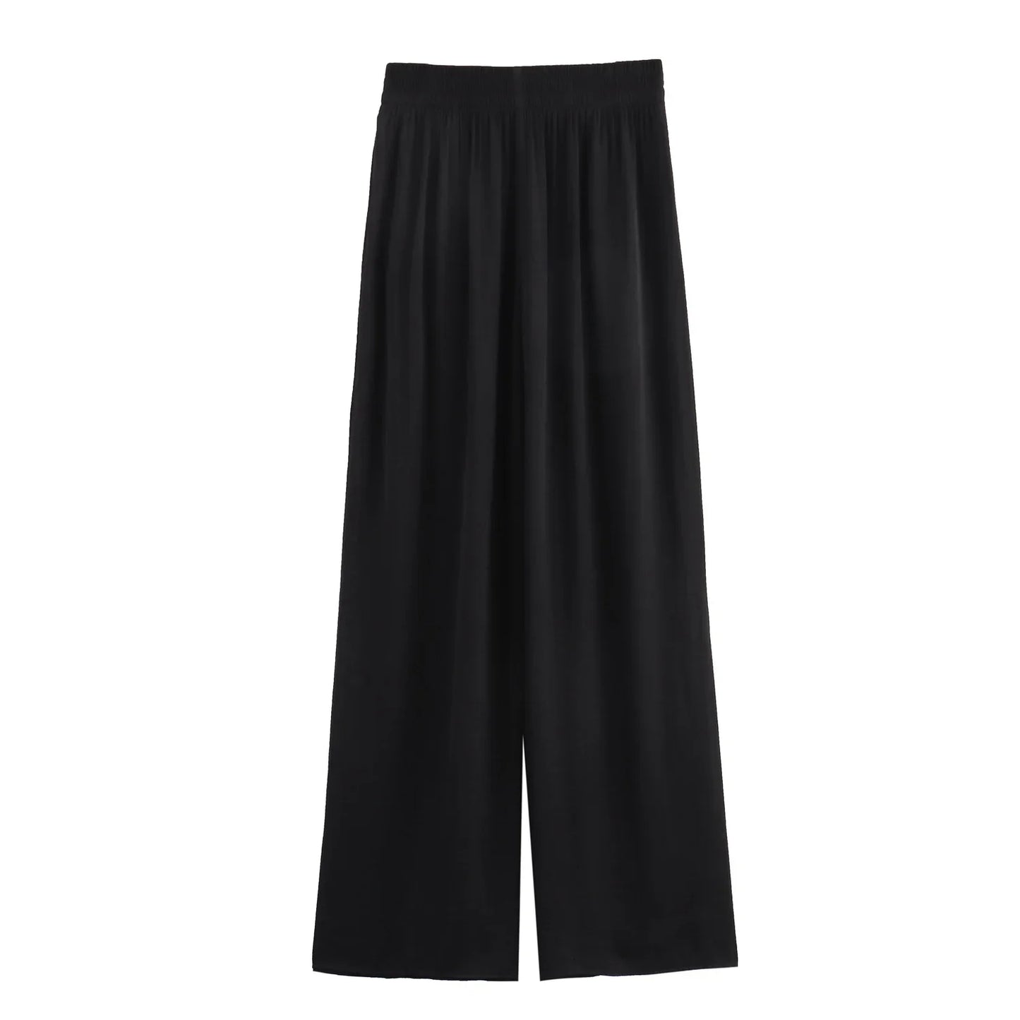 MQTIME - Summer Holiday Women Fashion Solid Elastic Waist Wide Leg Pants Female Casual Slim Side Pockets Folds Decorate Trousers