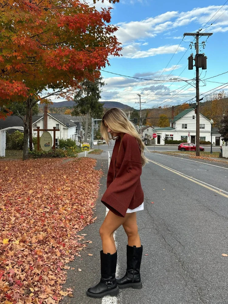 nvxiot - Women's Classic Brown Red V-neck Knitted Cardigan Fashion Single Breasted Loose Long Sleeve Sweater Autumn New Street Knitwear