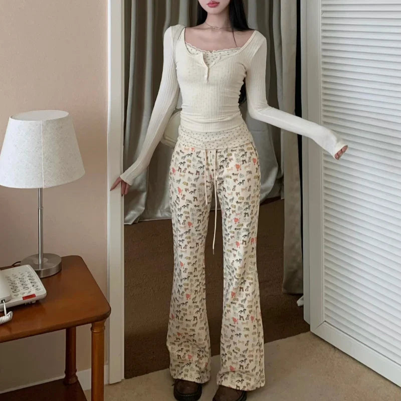nvxiot 2024 Spring New Korean Contrast Color Patchwork Casual Long-sleeved T-shirt Women + Puppy Printed Wide Leg Pants Two-piece Suit