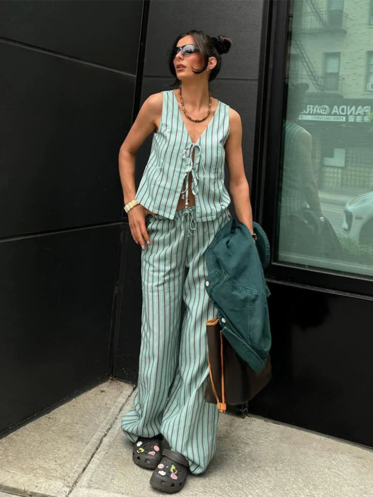 nvxiot - Striped Pants Suit Two-Piece Set 2024 Summer Lace Up Hollow V-neck Vest Drawstring Wide Leg Trousers Sets Fashion Lady Outfits