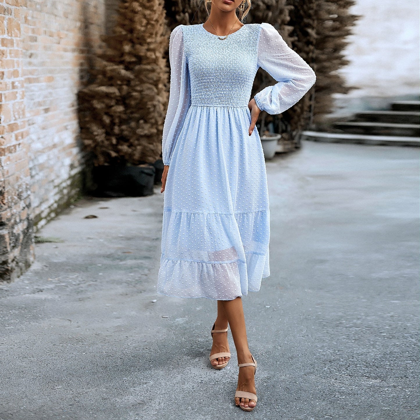 nvxiot Jacquard Dress New Women Autumn O Neck Lantern Sleeve Elegant Solid Color Long Dress For Fashion