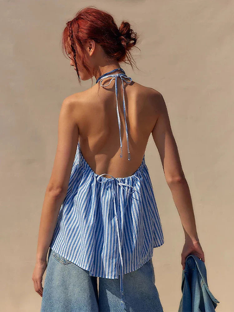 nvxiot - Striped Halterneck Tops Women 2024 Summer Sexy Straps Backless Shirts Blouses Female Casual Sleeveless Y2k Holiday Beachweaer