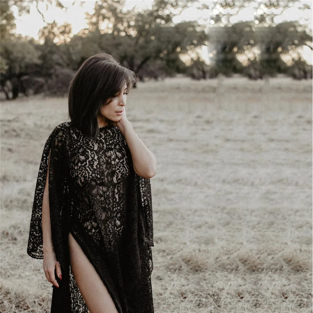 nvxiot - Sexy Black Lace Pregnancy Dress For Photo Shoot Fancy Maternity Dresses Photography Prop Split Side Pregnant Women Maxi Gown
